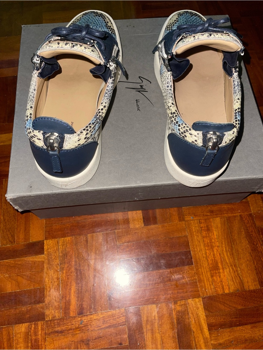 Girls Navy Blue & Cream Snake-Print Slip-On Sneakers